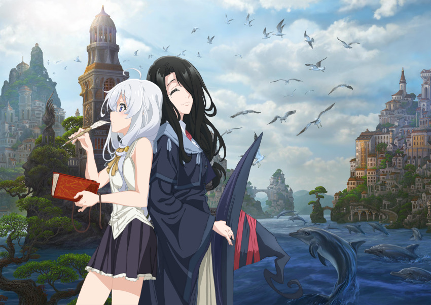 2girls, ahoge, back-to-back, bird, black_capelet, black_dress, black_hair, black_headwear