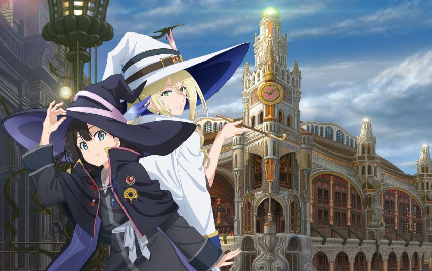 2girls, arm_up, back-to-back, black_capelet, black_hair, black_headwear, blonde_hair, blue_eyes