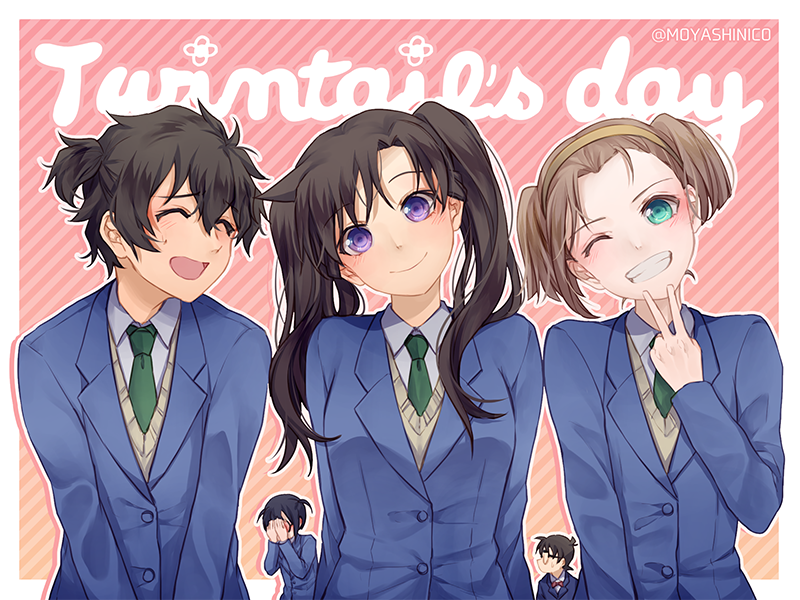 2boys, 3girls, alternate_hairstyle, aqua_eyes, blue_jacket, border, brown_hair, brown_hairband, closed_eyes, closed_mouth, collared_shirt, covering_face, edogawa_conan, embarrassed, green_neckwear, grin, hairband, head_tilt, hondou_eisuke, jacket, long_hair, long_sleeves, meitantei_conan, monicanc, mouri_ran, multiple_boys, multiple_girls, necktie, one_eye_closed, outside_border, pink_background, purple_eyes, school_uniform, sera_masumi, shirt, short_hair, smile, striped_background, suzuki_sonoko, sweater, twintails, two_side_up, white_border, white_shirt, wing_collar