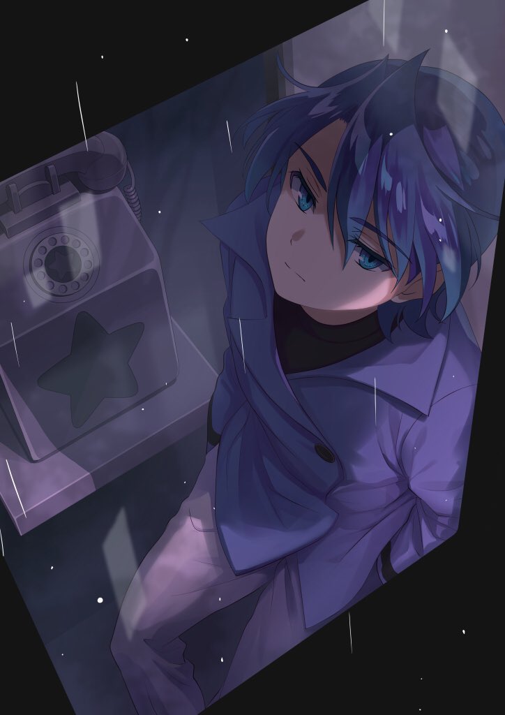 1boy, black_shirt, blue_eyes, blue_hair, blue_jacket, camembert_chizuko, corded_phone, cowboy_shot
