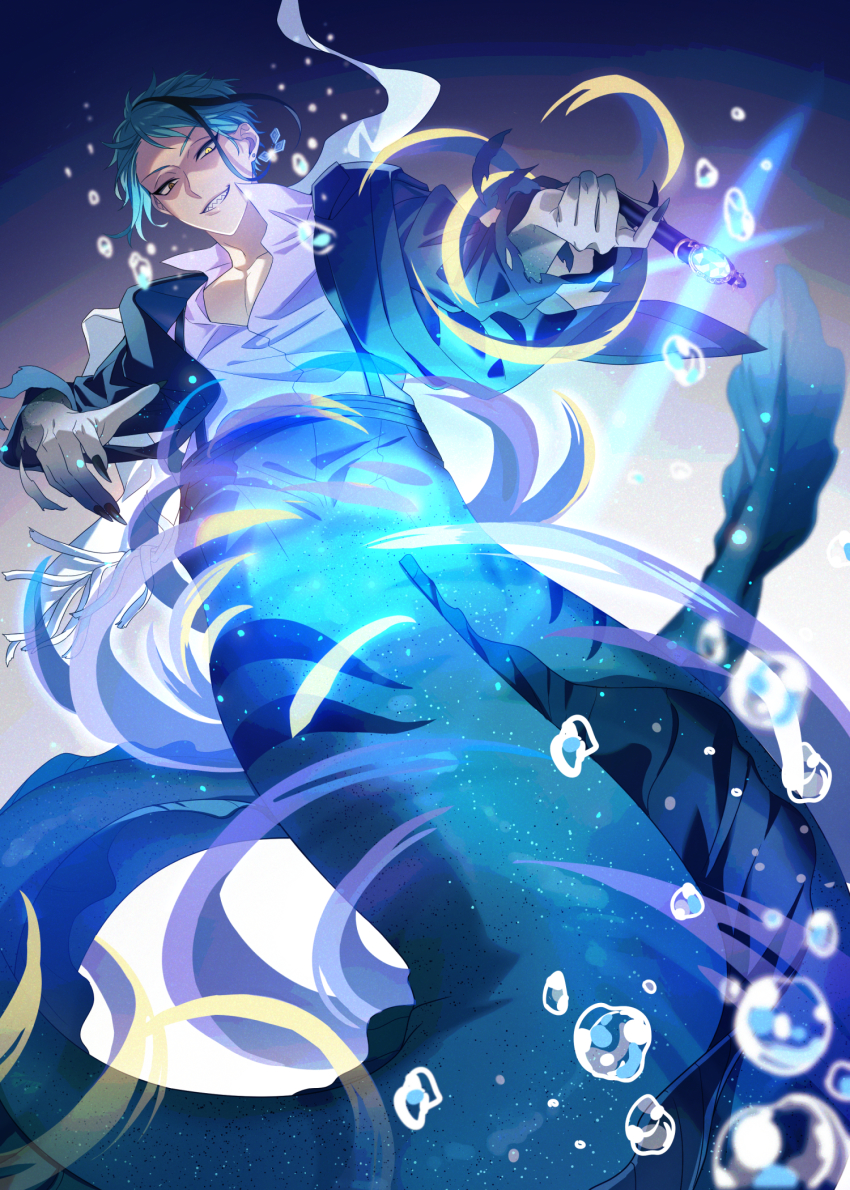 1boy, air_bubble, black_hair, black_nails, blue_hair, brown_eyes, bubble, collarbone