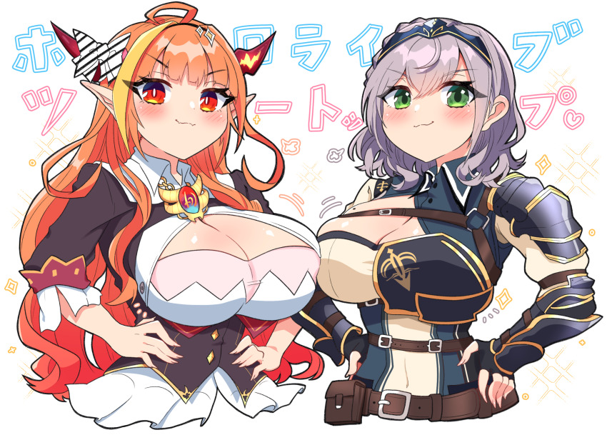 2girls, armor, blonde_hair, blunt_bangs, blush, bow, bracer, breastplate