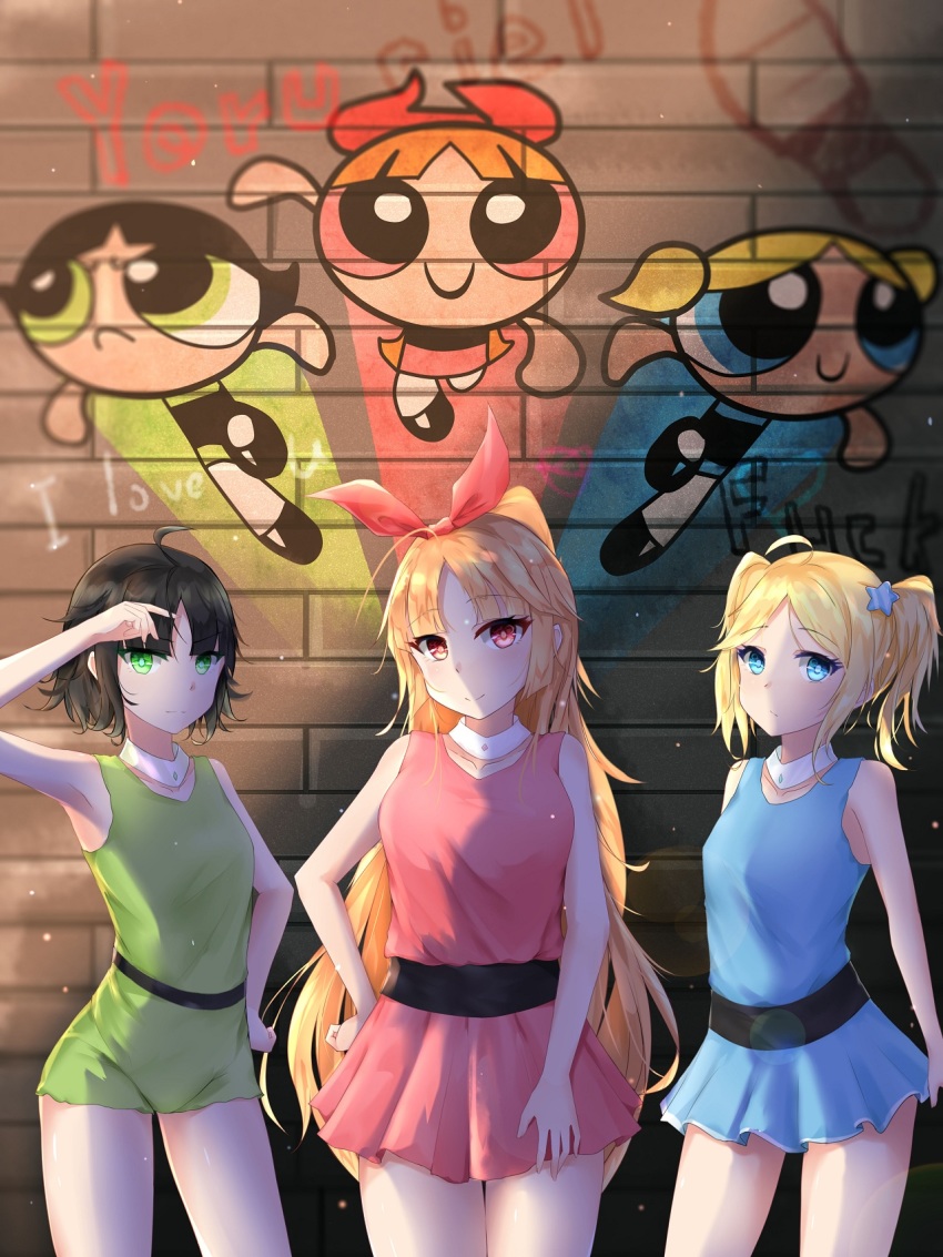 3girls, ahoge, black_hair, blossom_(ppg), blunt_bangs, brick_wall, bubbles_(ppg), buttercup_(ppg)