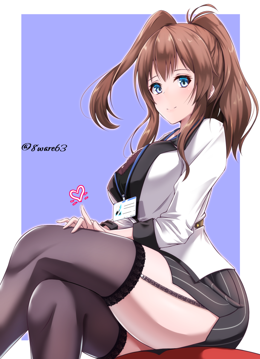 1girl, alternate_costume, bad_id, bad_pixiv_id, black_skirt, black_thighhighs, blue_eyes, breasts