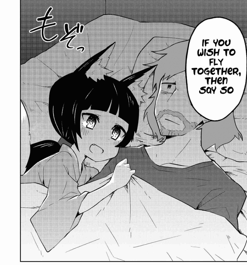 1boy, 1girl, ace_combat, ace_combat_7, arifnur01, blunt_bangs, count_(ace_combat_7), english_text, facial_hair, fang, fox_eyes, fox_girl, goatee, greyscale, heart, heart-shaped_pupils, highres, huxian, looking_at_another, low_ponytail, monochrome, open_mouth, parody, ponytail, pun, sewayaki_kitsune_no_senko-san, symbol-shaped_pupils