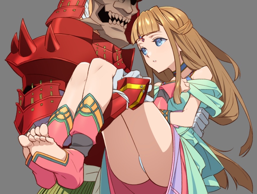 1boy, 1girl, barefoot, brown_hair, carrying, long_hair, mask, princess_carry