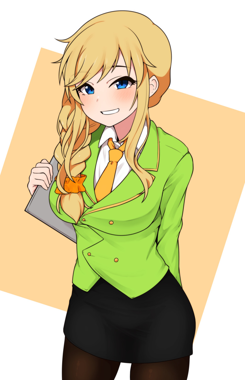 1girl, alternate_costume, arm_behind_back, blonde_hair, blue_eyes, blush, braid, breasts, brown_background, buttons, collared_shirt, commentary_request, cosplay, cowboy_shot, double-breasted, green_jacket, grin, hair_over_shoulder, highres, holding, idolmaster, idolmaster_cinderella_girls, jacket, large_breasts, long_hair, long_sleeves, looking_at_viewer, minakamirin, miniskirt, necktie, ohtsuki_yui, orange_necktie, orange_scrunchie, pantyhose, pencil_skirt, scrunchie, senkawa_chihiro, senkawa_chihiro_(cosplay), shirt, single_braid, skirt, smile, solo, white_background, white_shirt