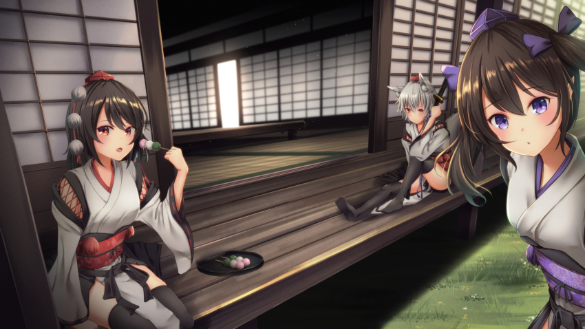 3girls, :o, animal_ear_fluff, black_legwear, dango, eating, fall_(5754478), feet_out_of_frame, food, hat, highres, himekaidou_hatate, holding, holding_food, inubashiri_momiji, looking_at_viewer, multiple_girls, outdoors, pelvic_curtain, pom_pom_(clothes), sanshoku_dango, shameimaru_aya, sliding_doors, thighhighs, tokin_hat, touhou, upper_body, wagashi