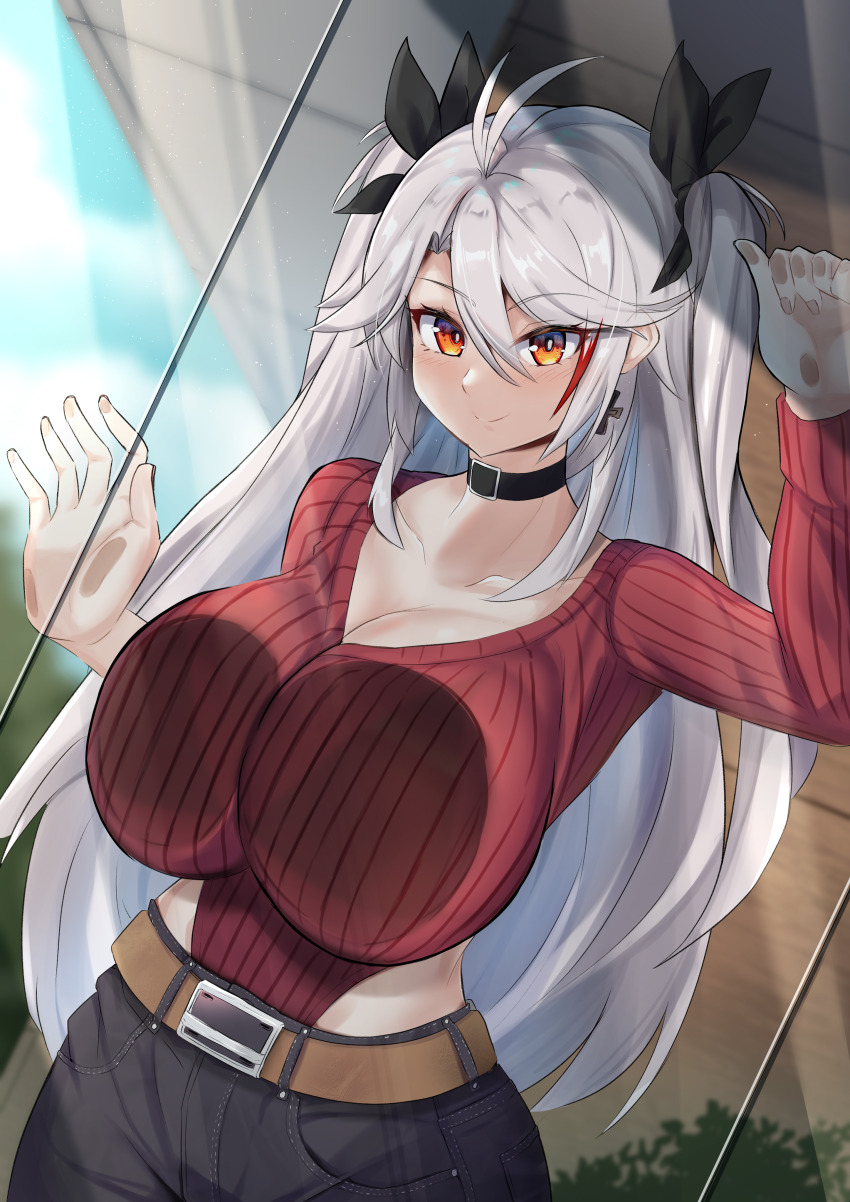 1girl, absurdres, against_glass, alternate_costume, antenna_hair, azur_lane, belt, black_choker, black_pants, black_ribbon, breast_press, breasts, breasts_on_glass, brown_belt, casual, choker, cleavage, cross, cross_earrings, denim, earrings, hair_between_eyes, hair_ribbon, highres, huge_breasts, j_yak47, jeans, jewelry, large_breasts, looking_at_viewer, multicolored_hair, orange_eyes, pants, prinz_eugen_(azur_lane), red_hair, red_sweater, ribbed_sweater, ribbon, silver_hair, solo, sweater, two-tone_hair
