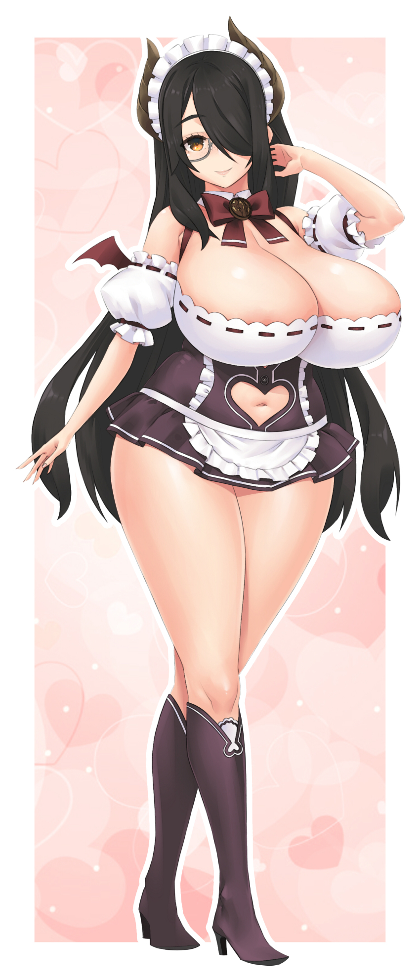 1girl, absurdres, black_boots, black_hair, black_skirt, blush, boots, breasts, brown_eyes, cleavage, clothing_cutout, demon_girl, demon_horns, dress, full_body, glasses, hair_over_one_eye, hayama_kazusa, high_heel_boots, high_heels, highres, horns, huge_breasts, indie_virtual_youtuber, itou_life_(vtuber), knee_boots, long_hair, looking_at_viewer, miniskirt, navel, navel_cutout, original, short_dress, skirt, smile, solo, swept_bangs, virtual_youtuber