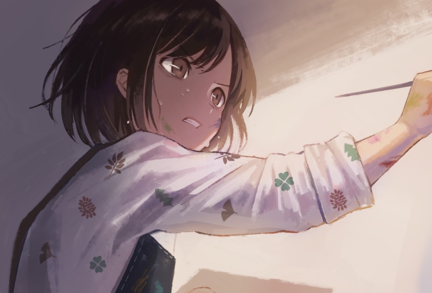 1girl, brown_eyes, brown_hair, clenched_teeth, determined, frown, highres, holding