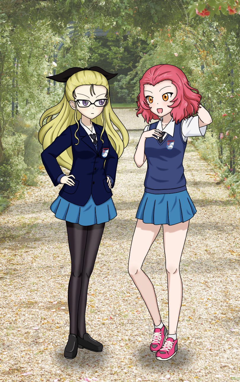 2girls, assam_(girls_und_panzer), blazer, blonde_hair, blue_sweater, blush, breasts, emblem, garden, girls_und_panzer, glasses, hand_on_own_hip, highres, jacket, long_hair, multiple_girls, necktie, open_mouth, orange_eyes, pantyhose, pleated_skirt, purple_eyes, red_hair, rosehip_(girls_und_panzer), school_uniform, sharky_(sharkycast), shoes, simple_background, skirt, sneakers, st._gloriana's_school_uniform, standing, sweater, v-neck