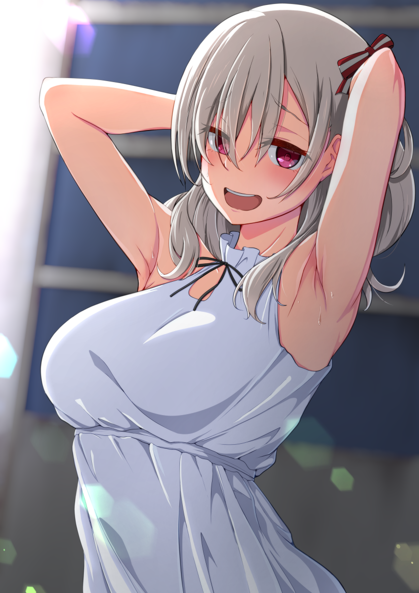 1girl, armpits, arms_up, blurry, blurry_background, breasts, commentary_request, dress