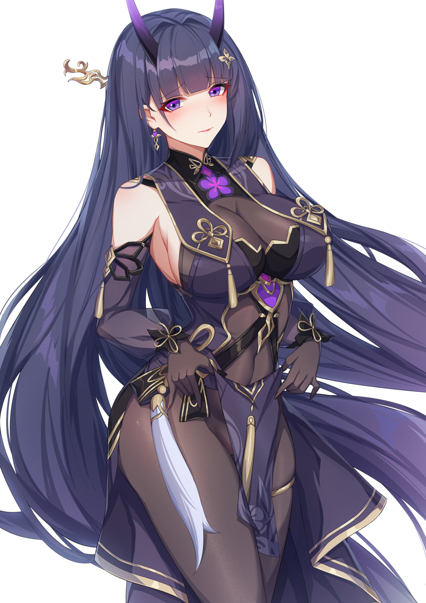 1girl, absurdres, bare_shoulders, black_bodysuit, black_gloves, black_hair, black_pantyhose, blush, bodysuit, breasts, closed_mouth, covered_navel, earrings, elbow_gloves, eyebrows_hidden_by_hair, eyes_visible_through_hair, gloves, hair_intakes, hair_ornament, highres, honkai_(series), honkai_impact_3rd, jewelry, large_breasts, long_hair, looking_at_viewer, official_alternate_costume, pantyhose, pelvic_curtain, purple_eyes, raiden_mei, raiden_mei_(herrscher_of_thunder), raiden_mei_(rainy_springtide), see-through_clothes, shy, simple_background, skin_tight, smile, solo, standing, straight_hair, thick_thighs, thighs, very_long_hair, white_background, wu_ganlan_cai