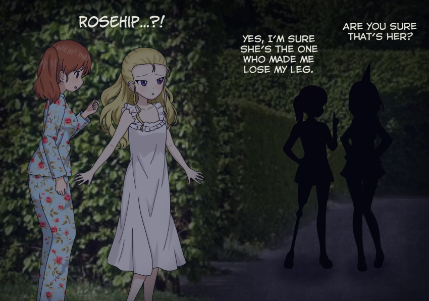 4girls, amputee, assam_(girls_und_panzer), blonde_hair, blush, breasts, clover, eavesdropping