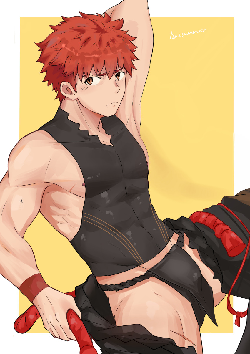 1boy, absurdres, aussummer, bara, bare_shoulders, black_male_underwear, black_pants, blush