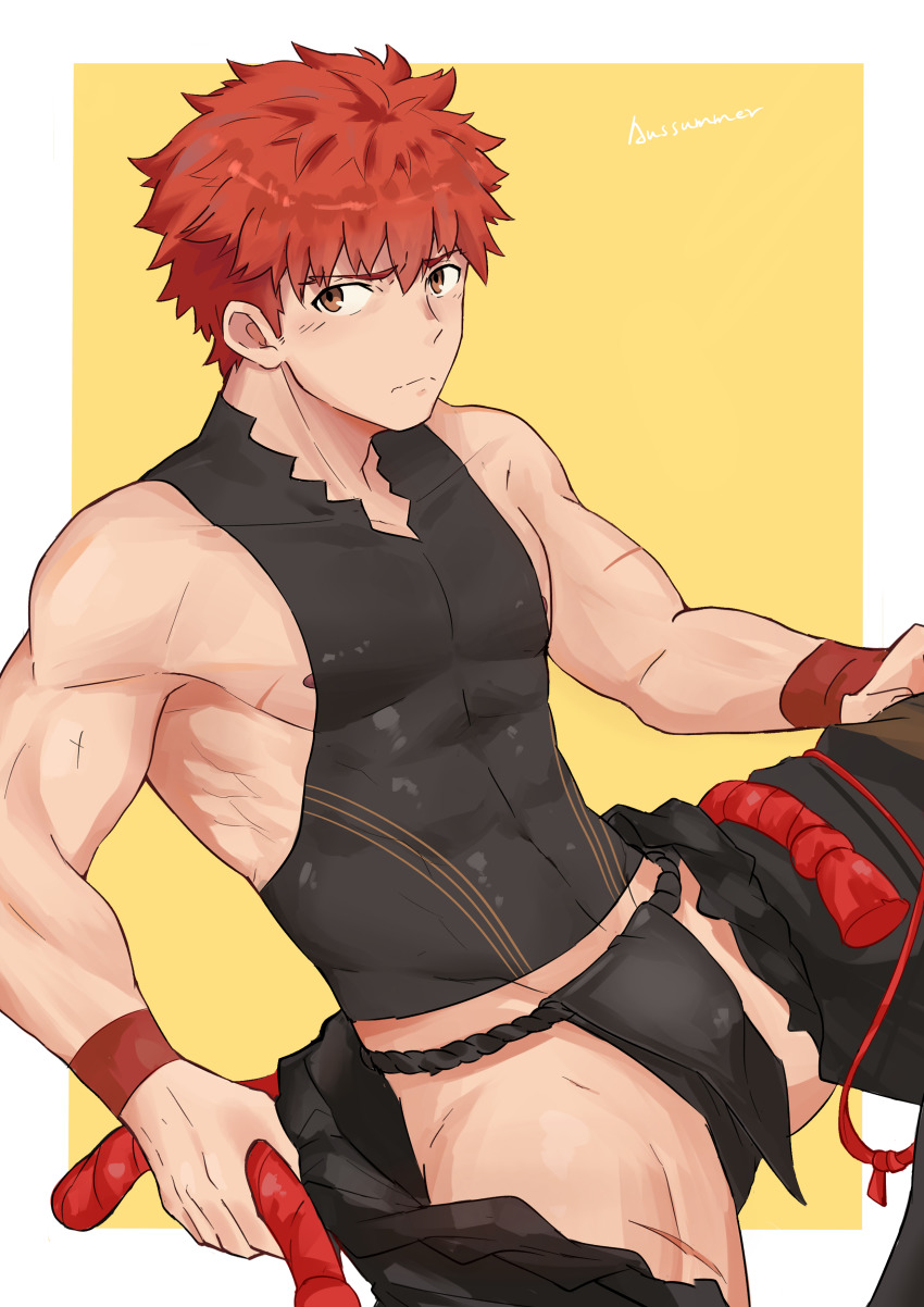1boy, absurdres, aussummer, bara, bare_shoulders, black_male_underwear, black_pants, blush