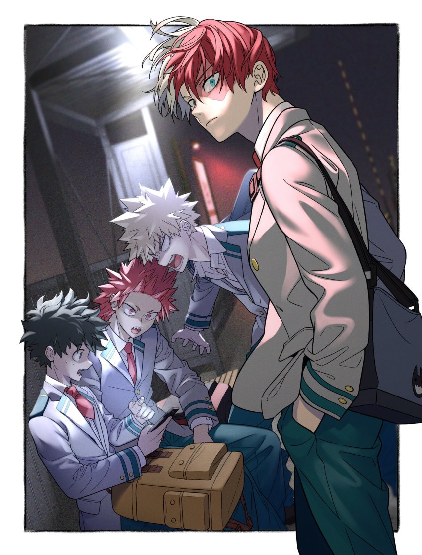 4boys, angry, backpack, bag, bakugou_katsuki, blazer, blonde_hair, blue_eyes, boku_no_hero_academia, cellphone, green_eyes, green_hair, green_pants, hair_behind_ear, hands_in_pockets, highres, holding, holding_phone, jacket, kirishima_eijirou, looking_at_viewer, male_focus, midoriya_izuku, multicolored_hair, multiple_boys, natsuko_(bluecandy), necktie, open_mouth, pants, phone, red_eyes, red_hair, red_neckwear, scar, scar_across_eye, scar_on_face, school_uniform, smartphone, todoroki_shoto, two-tone_hair, v-shaped_eyebrows, white_eyes, white_hair