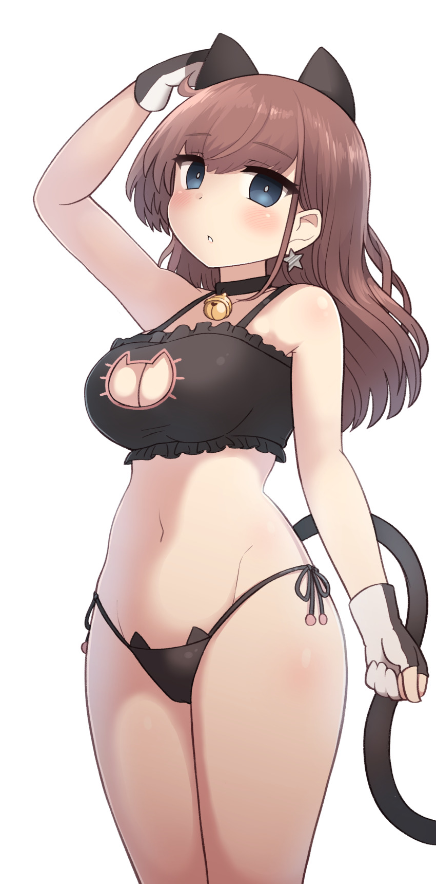 1girl, absurdres, alternate_costume, atlanta_(kancolle), bell, black_bra, black_panties, bra, breasts, brown_hair, cat_cutout, cat_ear_panties, cat_girl, cat_lingerie, cleavage_cutout, clothing_cutout, earrings, frilled_bra, frills, gloves, grey_eyes, hair_down, highres, jewelry, jingle_bell, kantai_collection, large_breasts, long_hair, navel, neck_bell, panties, partially_fingerless_gloves, side-tie_panties, simoyuki, single_earring, solo, star_(symbol), star_earrings, underwear