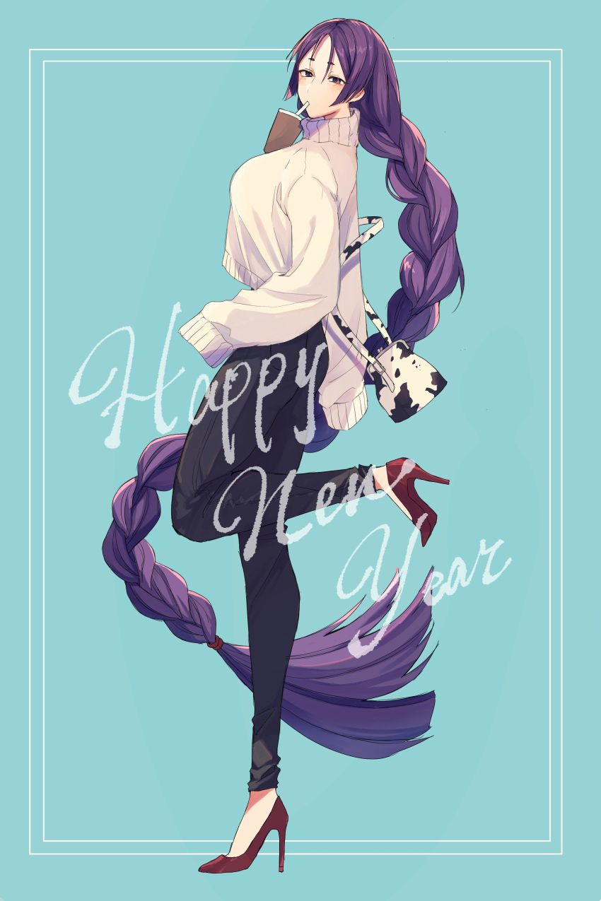 1girl, absurdly_long_hair, absurdres, animal_print, bad_id, bad_pixiv_id, bag, blue_background, blush, braid, breasts, cow_print, cup, disposable_cup, drinking_straw, english_text, fate/grand_order, fate_(series), from_side, handbag, happy_new_year, high_heels, highres, ichiya1115, large_breasts, leg_up, long_hair, long_sleeves, looking_at_viewer, minamoto_no_raikou_(fate), new_year, pants, parted_bangs, purple_eyes, purple_hair, ribbed_sleeves, simple_background, sleeves_past_fingers, sleeves_past_wrists, solo, sweater, turtleneck, turtleneck_sweater, very_long_hair