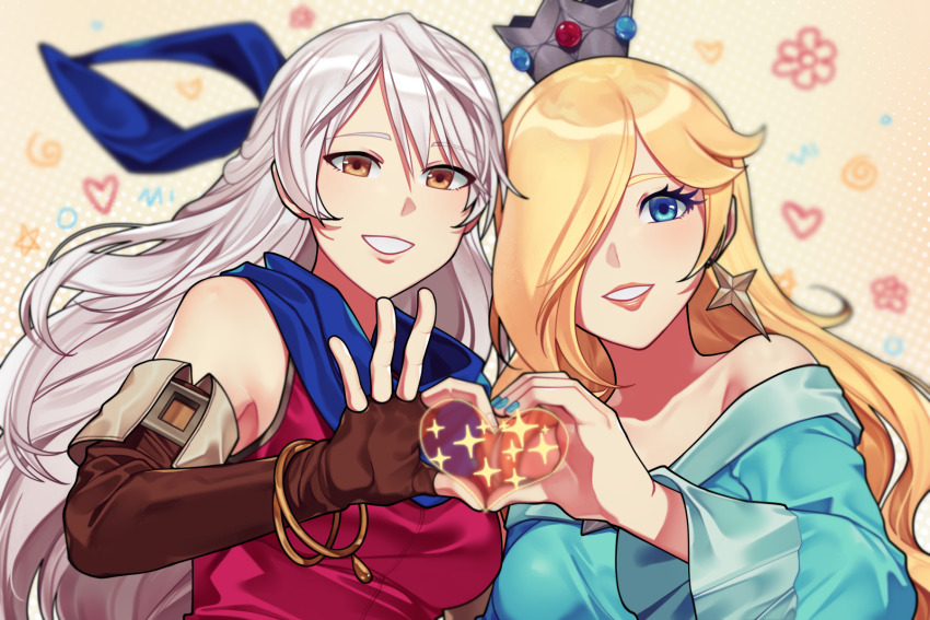 2girls, bare_shoulders, black_gloves, blonde_hair, blue_eyes, blue_nails, blue_scarf, commission
