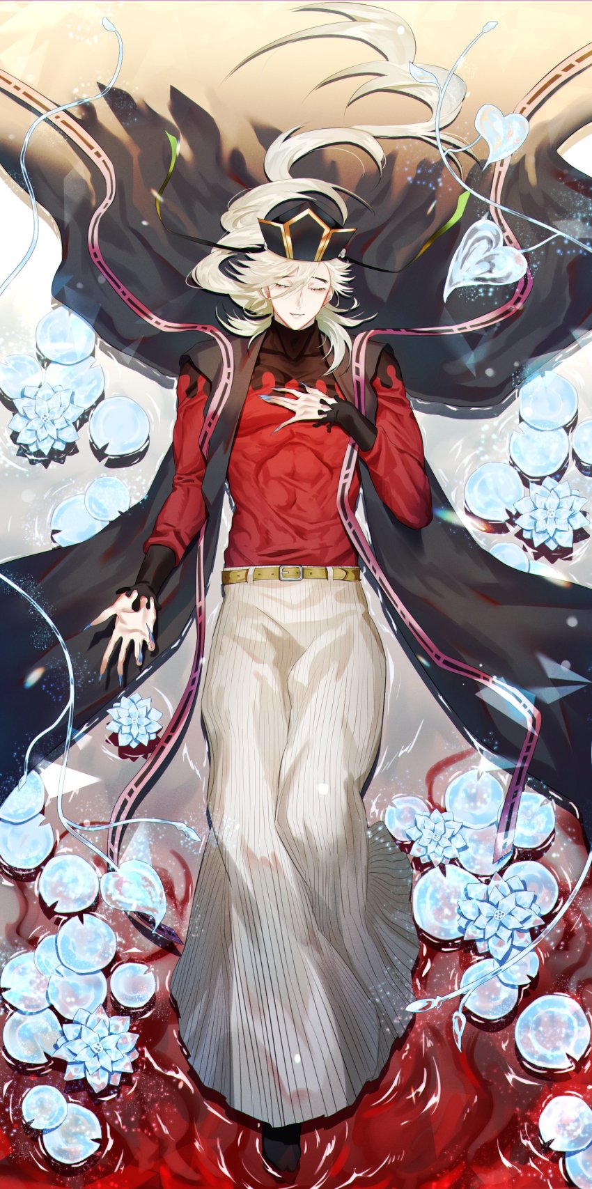 1boy, absurdres, belt, bishounen, black_cape, black_headwear, black_legwear, black_sleeves