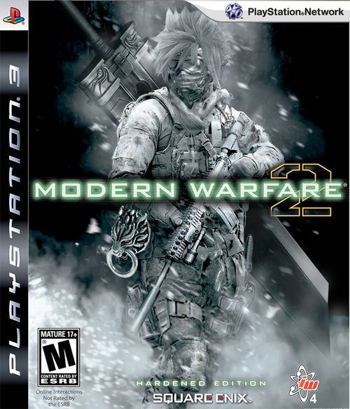 assault_rifle, buster_sword, call_of_duty, call_of_duty:_modern_warfare_2, cloud_strife, cover, english_text, fake_screenshot, final_fantasy, final_fantasy_vii, game_console, gun, huge_weapon, infinity_ward, parody, playstation_3, rifle, square_enix, sword, video_game_cover, weapon