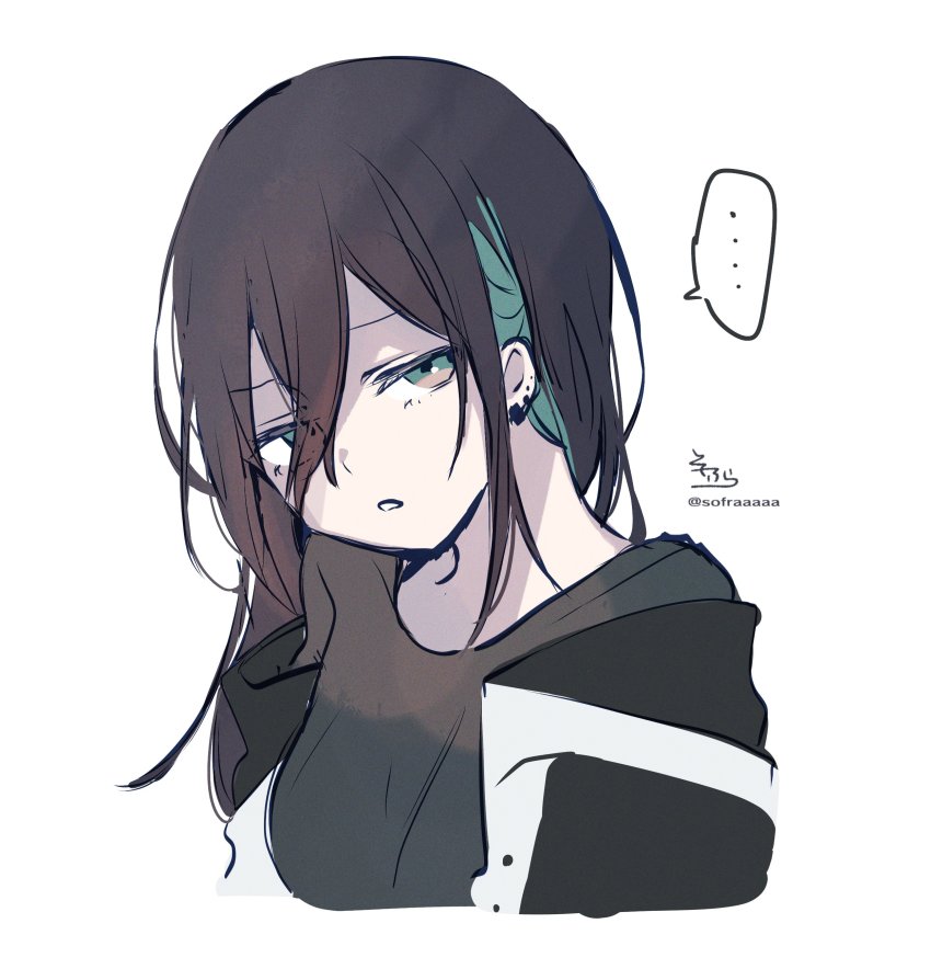 ..., 1girl, absurdres, black_hair, black_shirt, breasts, cropped_torso, ear_piercing