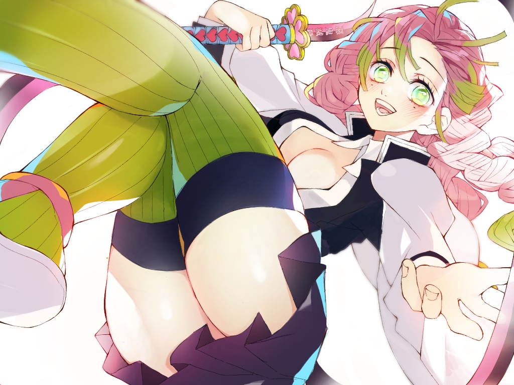 1girl, aone_hiiro, backlighting, black_jacket, black_skirt, blush, breasts, cleavage, commentary, eyelashes, from_below, gakuran, green_eyes, green_hair, green_thighhighs, hair_between_eyes, haori, heart, heart_print, holding, holding_sword, holding_weapon, jacket, japanese_clothes, kanroji_mitsuri, katana, kimetsu_no_yaiba, long_hair, looking_at_viewer, medium_breasts, miniskirt, mole, mole_under_eye, multicolored_hair, open_mouth, outstretched_hand, pink_hair, pleated_skirt, reaching, reaching_towards_viewer, ribbed_legwear, sandals, school_uniform, simple_background, skirt, smile, solo, sword, thighhighs, thighs, tri_braids, two-tone_hair, weapon, whip_sword, white_background, white_sandals