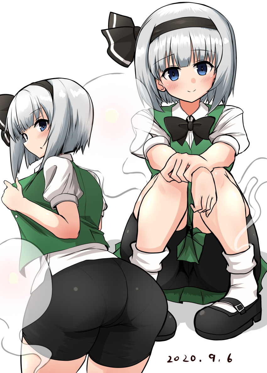 1girl, absurdres, arms_on_knees, ass, bike_shorts, black_footwear, black_hairband, black_neckwear