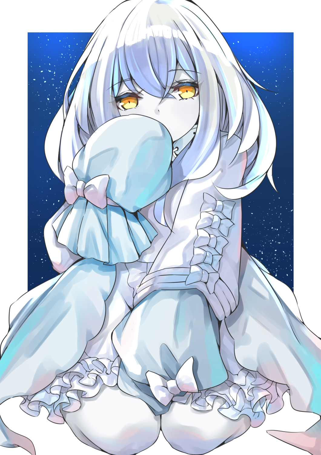 1girl, azur_lane, bare_legs, bow, colored_skin, commentary_request, compiler_(azur_lane), highres, long_sleeves, medium_hair, night, oversized_clothes, oversized_shirt, ryoutsu, seiza, shirt, siren_(azur_lane), sitting, sleeves_past_wrists, white_hair, white_skin, yellow_eyes