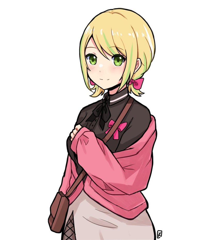 1girl, bag, beige_skirt, blonde_hair, bow, breasts, fuzuki_miki, fuzuki_miki_(2nd_costume)