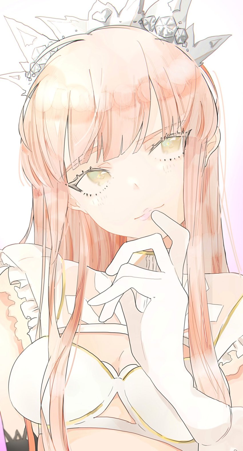 1girl, breasts, cleavage, closed_mouth, fate/grand_order, fate_(series), finger_to_mouth, frilled_sleeves, frills, gem, highres, long_hair, looking_to_the_side, medb_(fate), medb_(third_ascension)_(fate), medium_breasts, pastel_colors, pink_hair, smile, solo, tiara, wsk_64, yellow_eyes