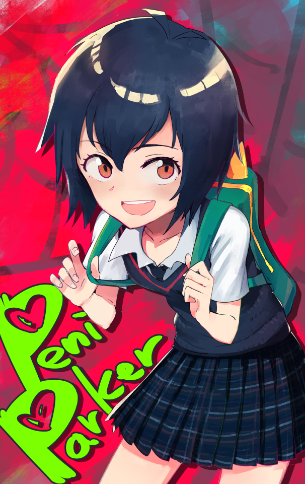 1girl, :d, adjusting_strap, antenna_hair, ayatori_(sensei_heroism), backpack, bag, black_hair, black_necktie, black_skirt, black_sweater_vest, character_name, commentary, green_bag, hair_between_eyes, holding_strap, looking_at_viewer, looking_up, marvel, necktie, open_mouth, peni_parker, plaid_clothes, plaid_skirt, pleated_skirt, red_background, red_eyes, school_uniform, shirt, short_hair, short_sleeves, skirt, smile, solo, spider-man:_into_the_spider-verse, spider-man_(series), spider-verse, sweater_vest, white_shirt