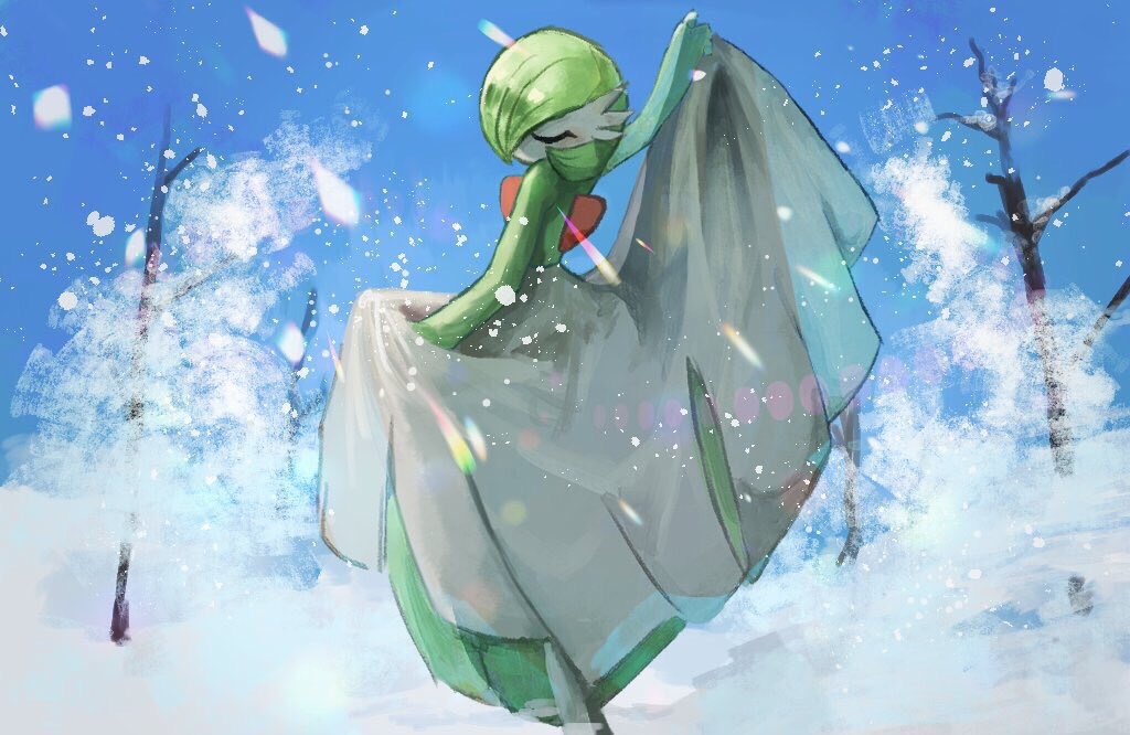 arm_up, blue_sky, closed_eyes, colored_skin, day, feet_out_of_frame, gardevoir, gen_3_pokemon