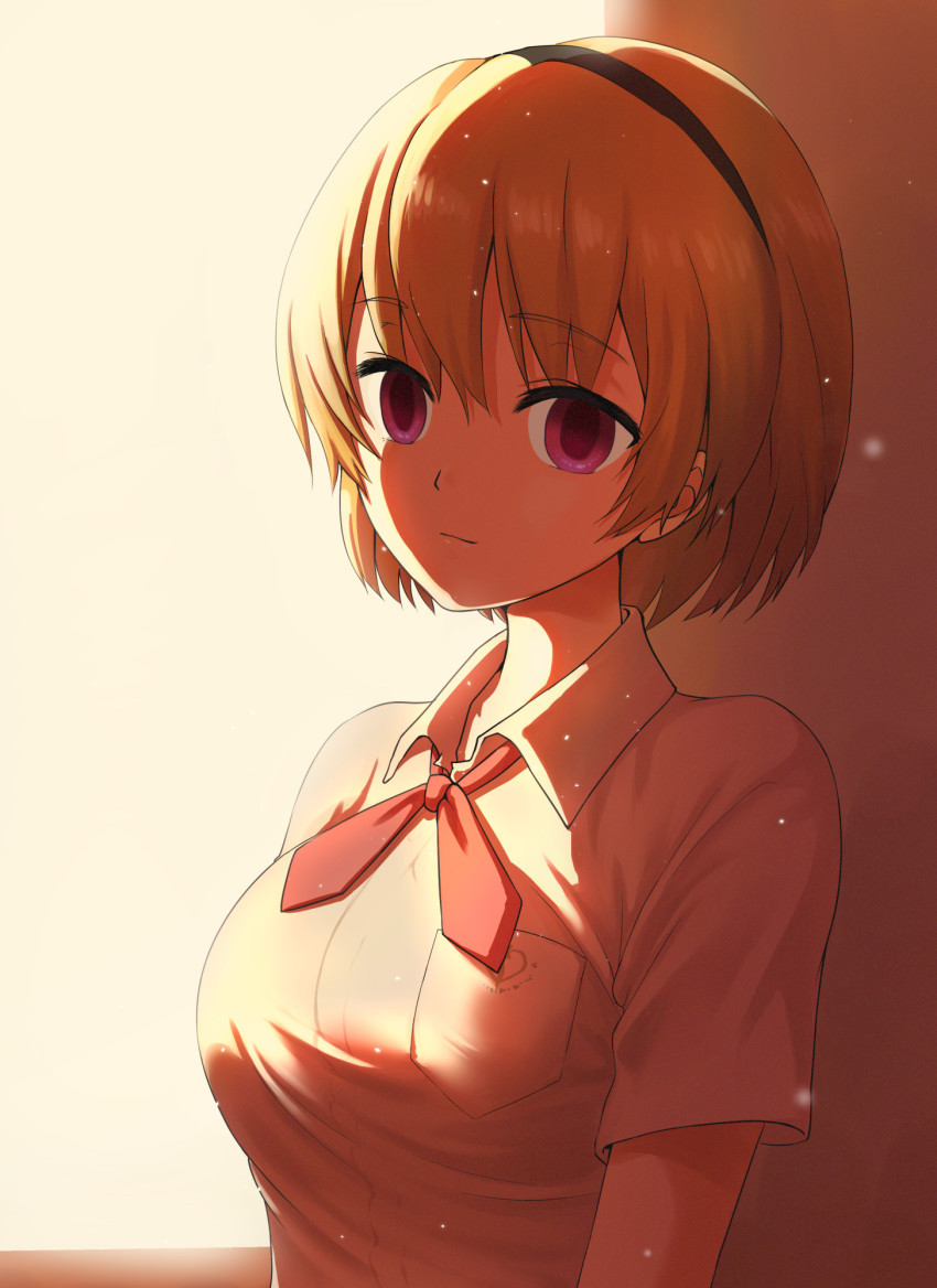 1girl, black_hairband, blonde_hair, breasts, closed_mouth, collared_shirt, dress_shirt, hair_between_eyes