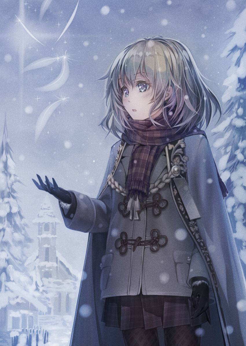 1girl, black_gloves, black_pantyhose, black_skirt, blue_eyes, cape, church, coat