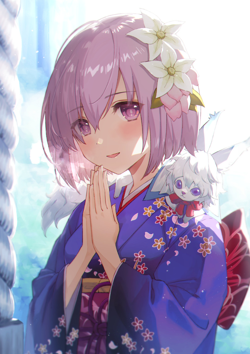 1girl, :d, animal, animal_on_shoulder, blush, fate/grand_order, fate_(series), floral_print