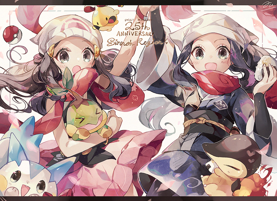 >_<, 2girls, :o, akari_(pokemon), anniversary, arm_up, bare_arms, beanie