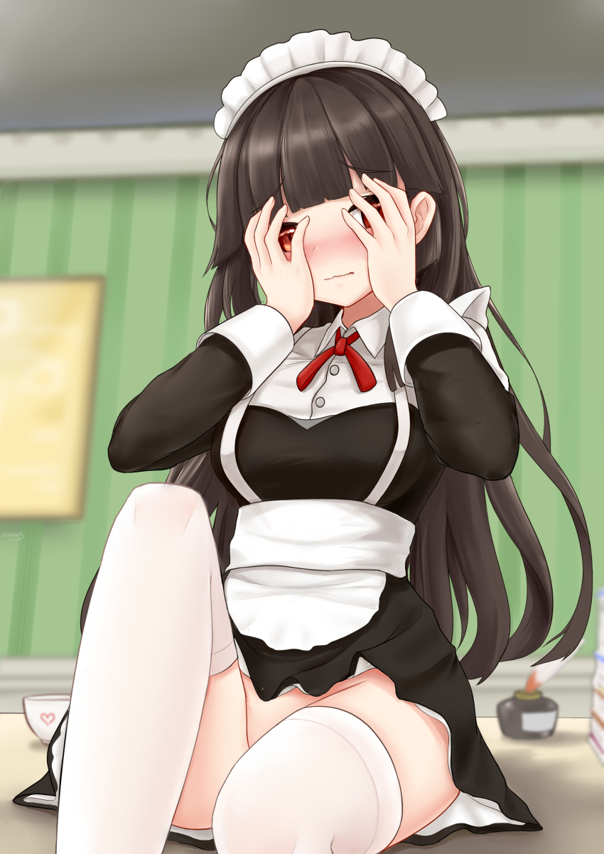 1girl, absurdres, alternate_costume, black_dress, black_hair, blush, breasts, covering_face