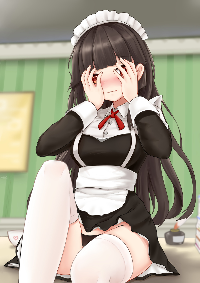 1girl, absurdres, alternate_costume, black_dress, black_hair, black_panties, blush, breasts