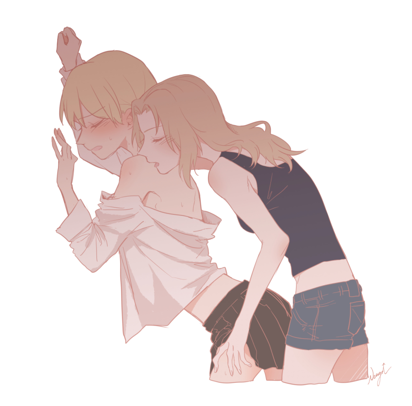 2girls, artist_name, black_skirt, blonde_hair, blush, cropped_legs, darjeeling_(girls_und_panzer), denim