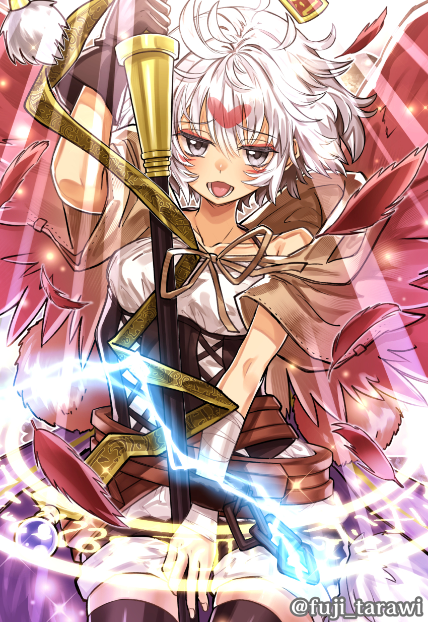 1girl, :d, ahoge, bandages, black_legwear, breasts, collarbone, cuffs