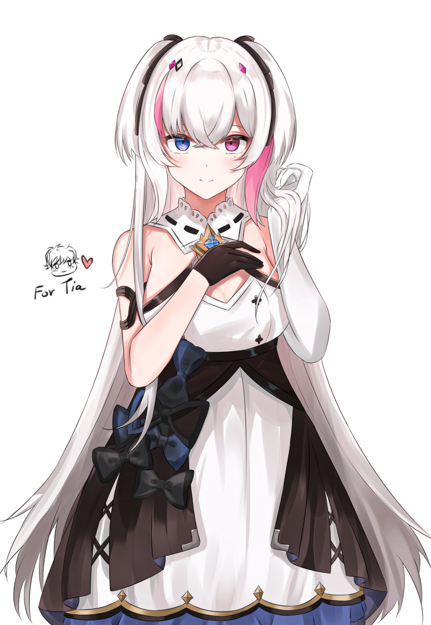 1girl, artist_self-insert, asymmetrical_gloves, black_bow, black_gloves, blue_bow, blue_eyes, blush