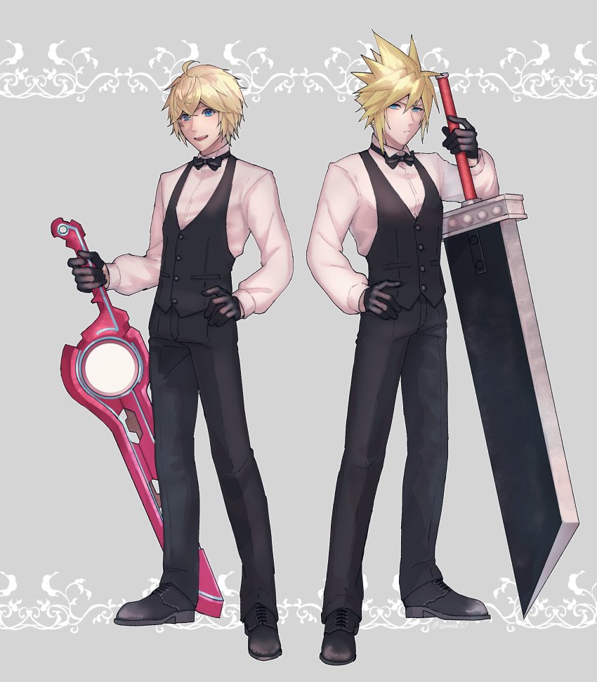 2boys, absurdres, blonde_hair, blue_eyes, buster_sword, cloud_strife, final_fantasy, final_fantasy_vii