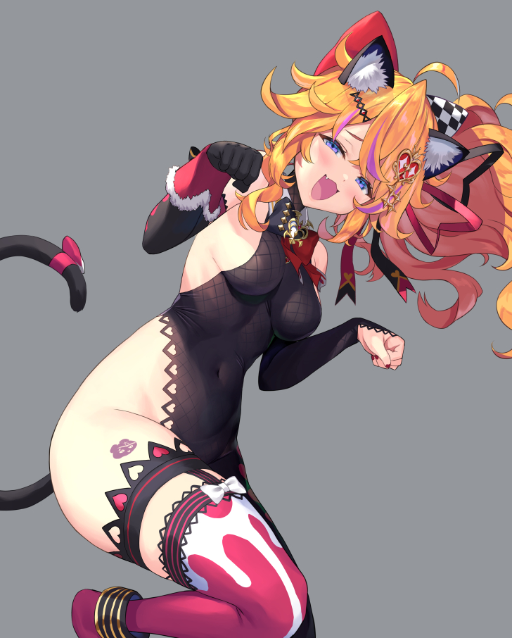 1girl, animal_ears, asymmetrical_legwear, bare_shoulders, blue_eyes, breasts, cat_ears, cat_tail, covered_navel, crown_hair_ornament, elbow_gloves, fang, fingernails, fishnets, gloves, grey_background, groin, hair_ornament, hair_ribbon, leotard, matanonki, medium_breasts, multicolored_hair, nail_polish, nijisanji, orange_hair, otogibara_era, otogibara_era_(4th_costume), paw_pose, purple_hair, red_nails, ribbon, side_ponytail, sideboob, simple_background, solo, tail, tail_ornament, tail_ribbon, tattoo, thighhighs, two-tone_hair, uneven_legwear, virtual_youtuber