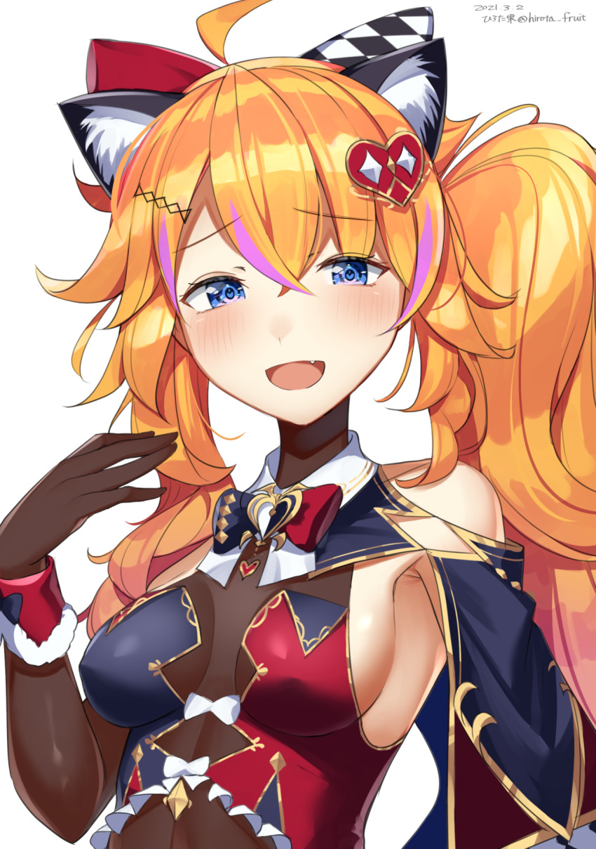 1girl, :d, ahoge, animal_ear_fluff, animal_ears, armpits, bare_shoulders, blush