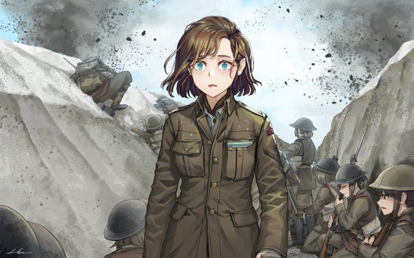 1917_(movie), 6+girls, bayonet, blue_eyes, bolt_action, brown_hair, brown_jacket, gun, hat, helmet, jacket, kneeling, kws, lee-enfield, long_sleeves, military, military_hat, military_uniform, multiple_girls, original, rifle, short_hair, signature, sitting, solo_focus, standing, war, weapon, world_war_i
