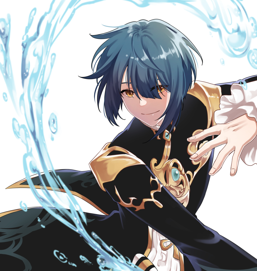 1boy, absurdres, blue_hair, brill_p, chinese_clothes, closed_mouth, eyes_visible_through_hair, frilled_shirt_collar