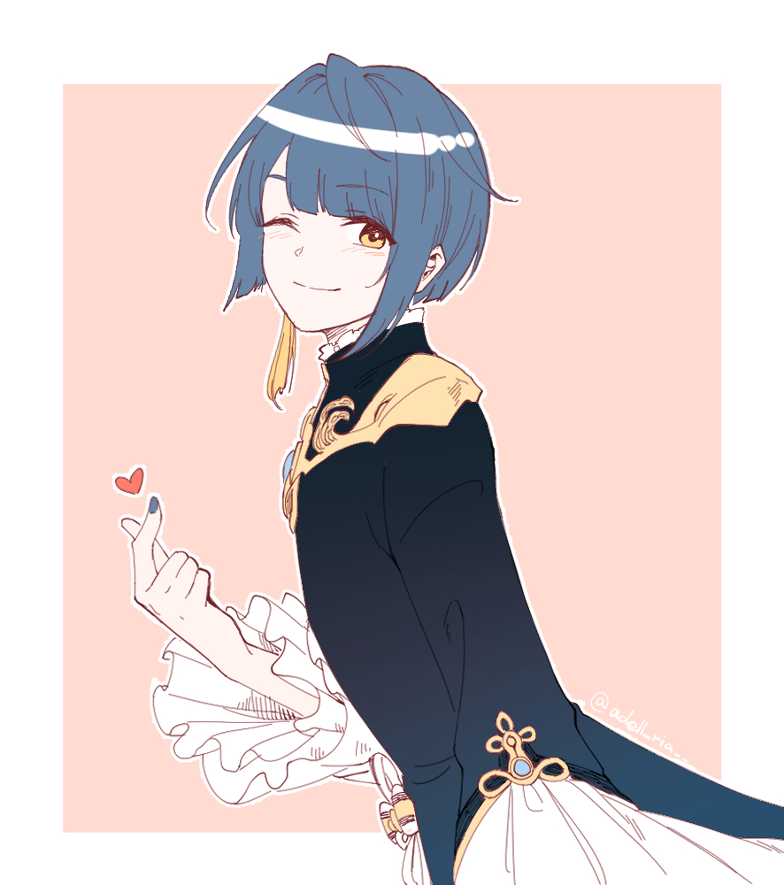 1boy, blue_hair, blue_nails, blush, brill_p, chinese_clothes, earrings, frilled_shirt_collar, frilled_sleeves, frills, genshin_impact, heart, jacket, jewelry, long_sleeves, looking_at_viewer, male_focus, nail_polish, one_eye_closed, pink_background, short_hair, simple_background, single_earring, smile, solo, white_background, xingqiu_(genshin_impact), yellow_eyes